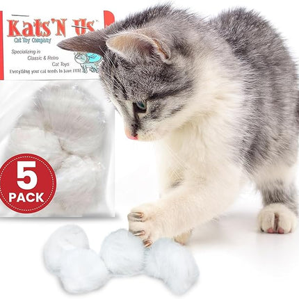 Kats'N Us Real Rabbit Fur Cat Ball Toy - Interactive Pom Pom, Plush, and Puff Balls for Indoor Cats and Kittens - Natural Color Cat Toy Balls - 5 Pack (White, 1.5-2 inch)