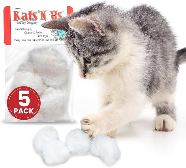 Kats'N Us Real Rabbit Fur Cat Ball Toy - Interactive Pom Pom, Plush, and Puff Balls for Indoor Cats and Kittens - Natural Color Cat Toy Balls - 5 Pack (White, 1.5-2 inch)