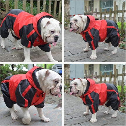 Lovelonglong American Bully Pitbull Dog Hooded Raincoat, Bulldog Rain Jacket Poncho Waterproof Clothes with Hood Breathable 4 Feet Four Legs Rain Coats for Pugs English French Bulldog Red B-XL