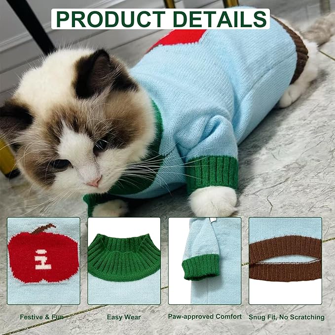 FluffgineerFall/Winter Dog & Cat Sweater - Cozy Knit Pullover for Small Pets, Light Blue with Red Apple Print, Warm & Breathable for Indoors/Outdoors, Anti-Shedding, Soft Yarn (XS/S/M/L/XL) (Large)