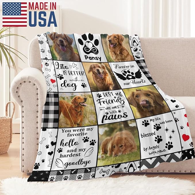 Artsadd Custom Dog Photo Memorial Blanket Personalized Pet Memorial Gifts for Dogs Loss of Pet Sympathy Gift Bereavement Remembrance Passing Away Gifts, Picture Blanket