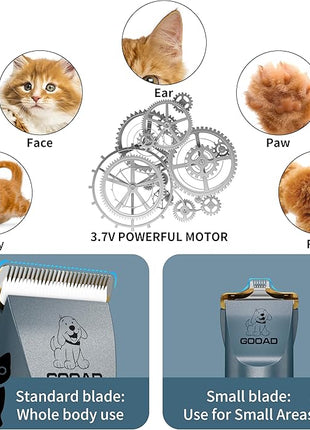 Cat Clippers, Professional Grooming Kit, Cordless Clippers for Thick Coats, Hair Trimmer, Low Noise Shaver Quiet Pet Tools Cats Dogs (Blue), 1.0 Count