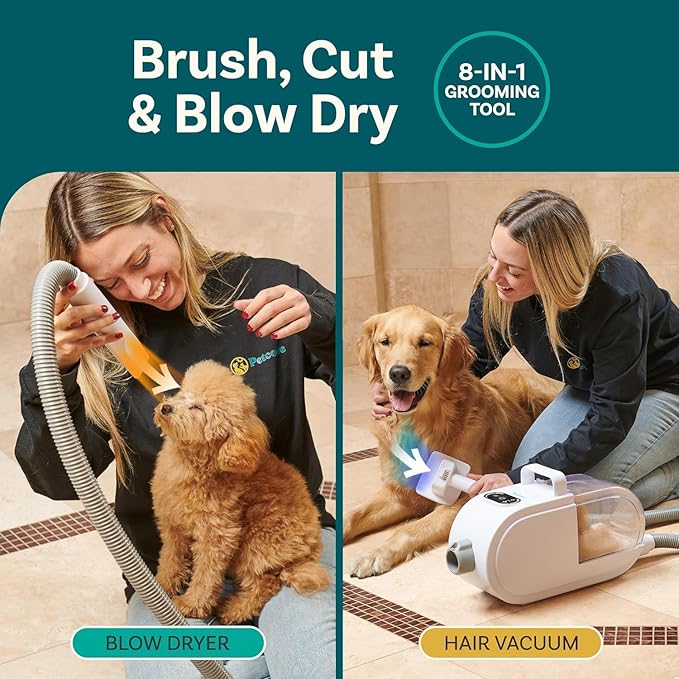 Dog Grooming Kit – Pet Clippers, Nail Grinder & Blow Dryer with Quiet 3-Speed Suction, 3 Heat Settings, 2.6L Dog Hair Vacuum Dust Bin, HEPA System, Self-Cleaning Brushes