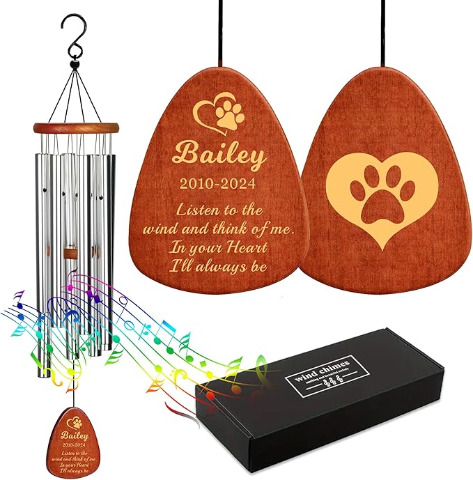 Personalized Dog Memorial Gifts for Loss of Dog Pet Memorial Gifts for Dogs Memory Wind Chimes for Loss of Loved One Dogs Sympathy Bereavement Gift Wind Chimes for Outside 25.5''(Design 1, Silver)