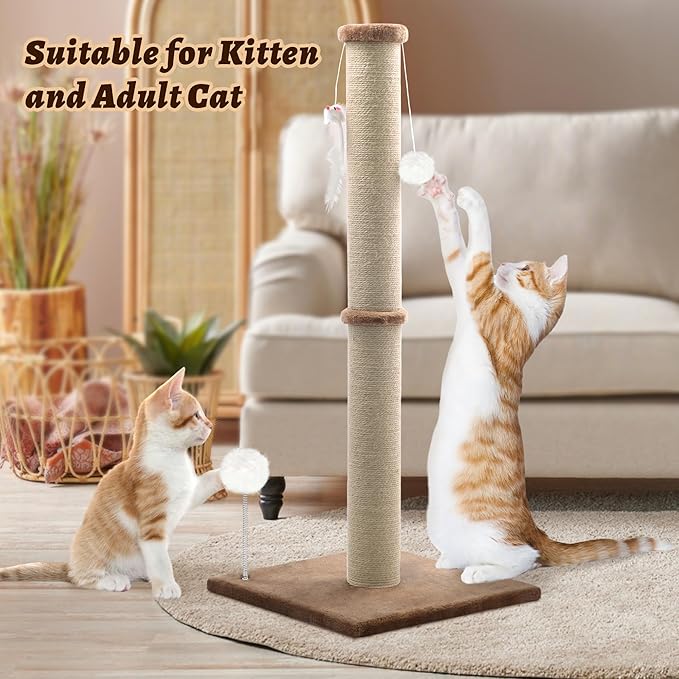 36'' Tall Cat Scratching Post, Large Sisal Scratch Post for Indoor Cats, Sturdy Cat Scratcher Tower, Vertical Cat Scratch Pole, Modern Cat Furniture for Kittens & Adult Cats (Brown)