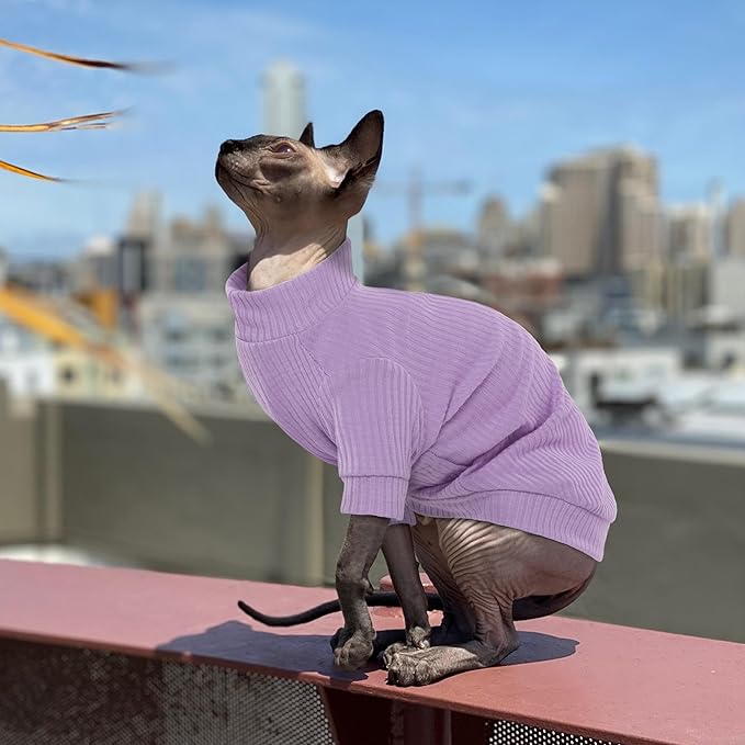 PUMYPOREITY Cat Clothes, Stretchy Cat Shirt, Cat Sweater with Sleeves, Sphynx Cat Clothes, Soft Cat Shirts for Cats Only, Pullover Cat Pajama for Sphynx Hairless Cat, Devon Rex, Purple, XL