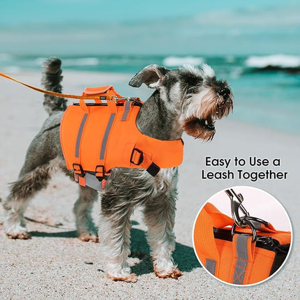 Queenmore Dog Life Jacket - Adjustable Swim Vest with Rescue Handle, Zipper (Orange, M)