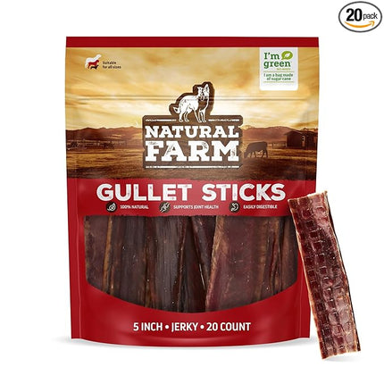 Natural Farm Beef Jerky Gullet Sticks Flat - 5-Inch (20-Pack), Grass-fed Beef, Glucosamine & Chondroitin, Rich Flavor, Highly Digestible, Chewy Yet Tender