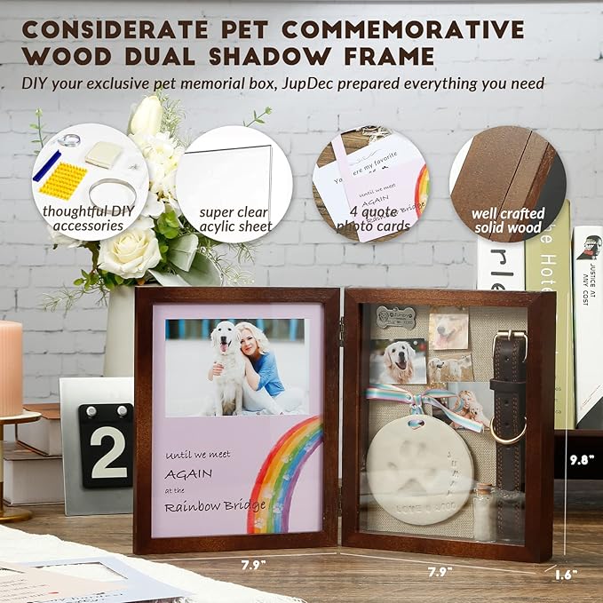 JupDec Dog Memorial Gifts Pet Shadow Box Wooden Picture Frame with Clay Paw Print Kit for Loss of Dog & Cat Remembrance Sympathy Deep Display Case for Keepsake Collar Hair (Brown)