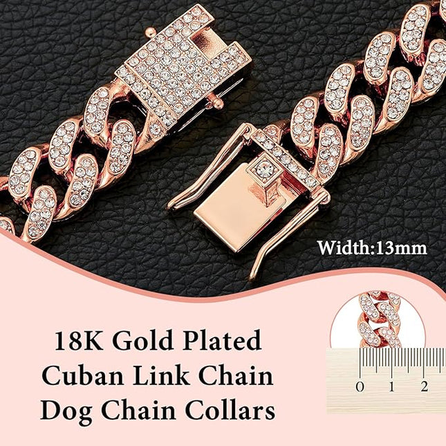 Rosegold Dog Chain Collar Diamond Cuban Link Dog Collar 13mm Wide Dog Necklace Metal Cat Chain Pet Crystal Collar Jewelry Accessories for Small Medium Large Dogs Cats(20inch)