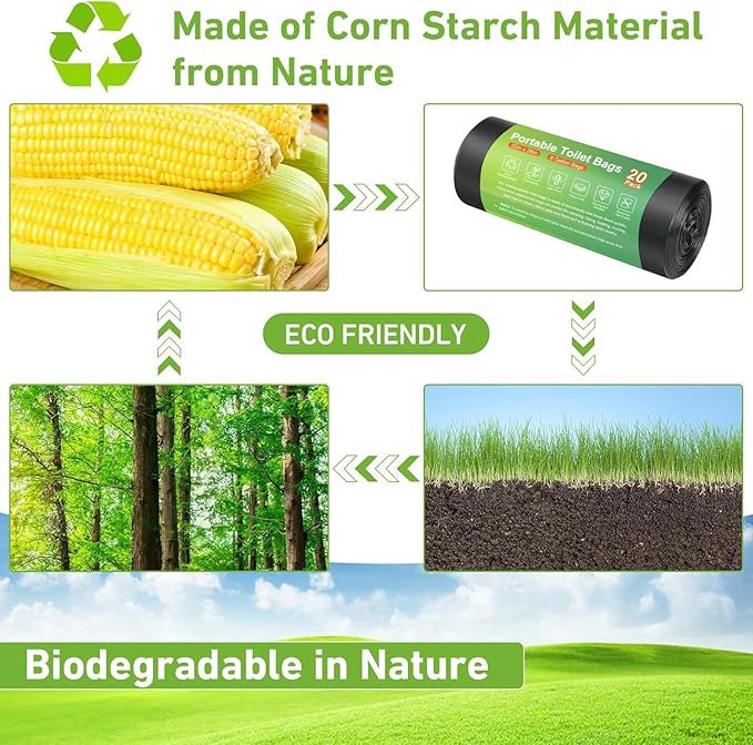 20 PCS Portable Toilet Bags for Camping - 100% Compostable & Biodegradable Toilet Replacement Bags, 8 Gallon Thickened Bucket Liner for Outdoor Boating Trip, Trash Bags Plastic Free