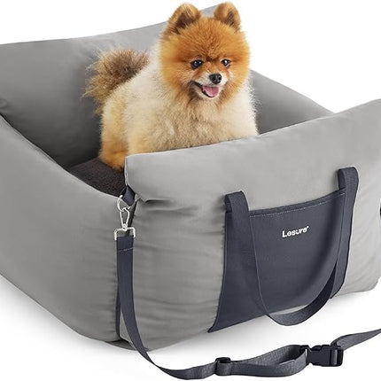 Lesure Small Dog Car Seat for Small Dogs - Soft Dog Booster Seat for Car with Storage Pocket and Clip-On Safety Leash and Thickened Memory Foam Filling, Pet Carseat Travel Carrier Bed, Grey