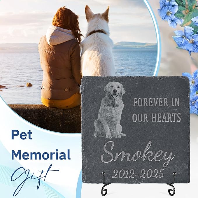Pet Memorial Stone with Photo, Dog Memorial Gifts for Loss of Dog, Personalized Pet Memorial Gifts, Pet Loss Gift - in Our Hearts（Square）