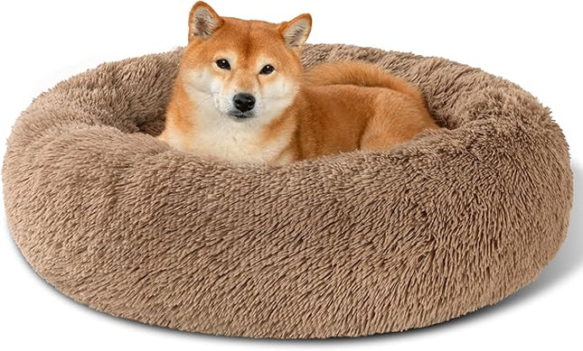 Dog Calming Beds for Small Medium Large Dogs - Round Donut Washable Puppy Dog Bed, Anti-Slip Faux Fur Fluffy Donut Cuddle Anxiety Cat Pet Bed(32'' Khaki