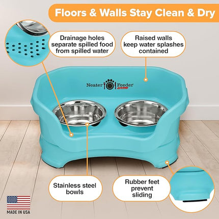Neater Feeder Deluxe Mess Proof Cat Bowls Elevated for All Breeds – Made in USA – No Spill Raised Bowls for Indoor Cats – Stainless Steel Food and Water Bowl Set, Pet Dish Feeding Station, Aquamarine