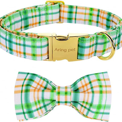 ARING PET Bowtie Dog Collar, Adorable Green Grid Dog Collars with Detachable Bow, Adjustable Collar Gifts for Small Medium Large and Girl Boy Dogs