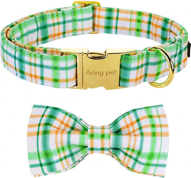 ARING PET Bowtie Dog Collar, Adorable Green Grid Dog Collars with Detachable Bow, Adjustable Collar Gifts for Small Medium Large and Girl Boy Dogs