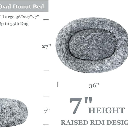 Coohom Oval Calming Donut Cuddler Dog Bed,Shag Faux Fur Cat Bed Washable Round Pillow Pet Bed(30"/36"/43") for Small Medium Dogs (XL(36"x27"x7"), Grey)