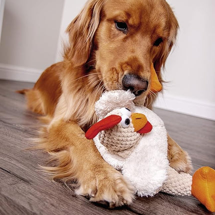 goDog Checkers Fat Rooster Squeaky Plush Dog Toy, Chew Guard Technology - White, Large