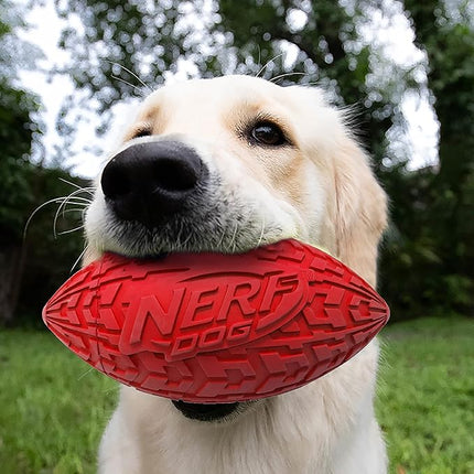 Nerf Dog Tire Squeak Football Outdoor Dog Toy, 6 Inch Dog Football Squeaking Toy for Medium and Large Breeds, Red