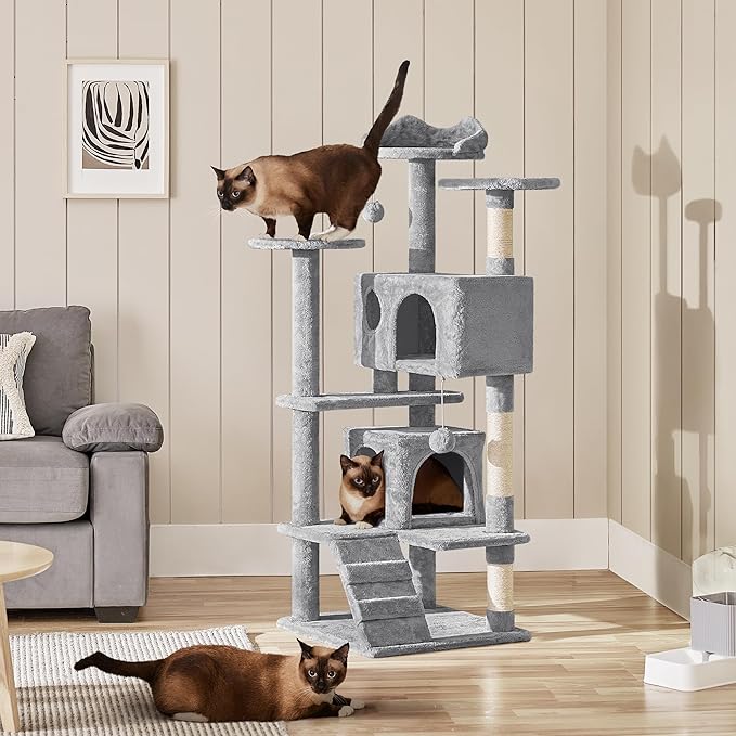Yaheetech 54in Cat Tree Cat Tower w/Scratching Posts, Double Condos and Dangling Balls Kittens Pet House Play, Light Gray