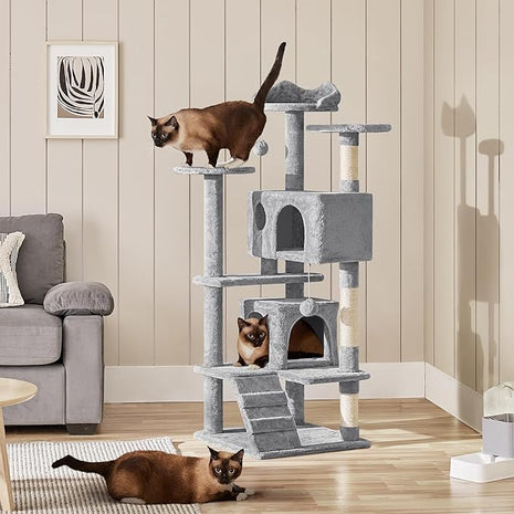 Yaheetech 54in Cat Tree Cat Tower w/Scratching Posts, Double Condos and Dangling Balls Kittens Pet House Play, Light Gray