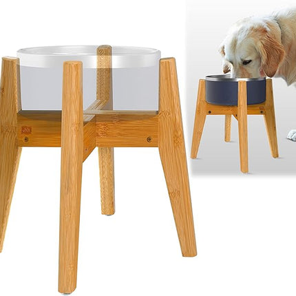 Dog Bowl Stand (12-inch High) - Ideal for Large Breeds - Adjustable Sideways, Slanted Feet - Elevates, Raises Pet Food Feeders, Water Dishes, Fountains, Dispensers - Bamboo Stand Only