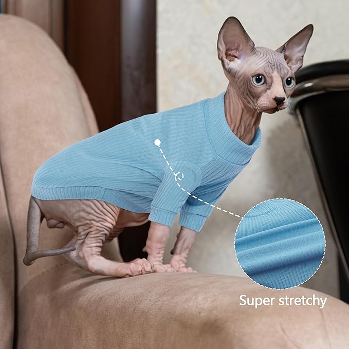 Pumyporeity Stretchy Cat Shirt & Sweater with Sleeves - Sphynx & Devon Rex Cat Clothes, Soft Blue Pullover Pajama