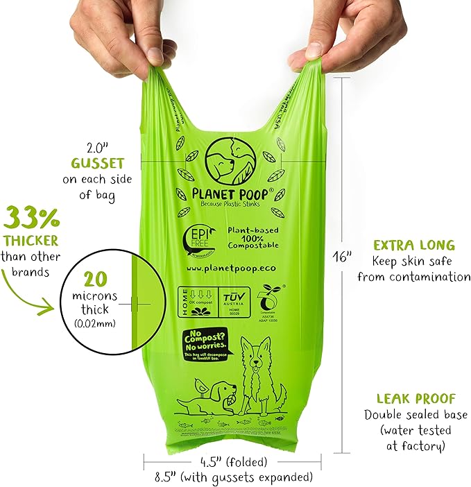 PLANET POOP Home Compostable Dog Poop Bags Extra-Long with Handles 60 Un-Scented Pet Waste Bags Plastic Free, Thick Leakproof Plant-Based Doggy Bag, Cats & Dogs Pet Supplies