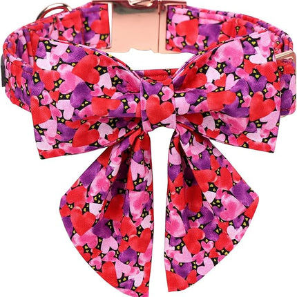 Maca Bates Valentine's Day Dog Collar with Sailor Bow for Medium Girl Boy Dogs,Tiedyed Love Hearts Pattern,Adjustable Durable Soft Valentine Gift for Female Male Puppy