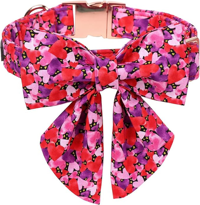 Maca Bates Valentine's Day Dog Collar with Sailor Bow for Medium Girl Boy Dogs,Tiedyed Love Hearts Pattern,Adjustable Durable Soft Valentine Gift for Female Male Puppy
