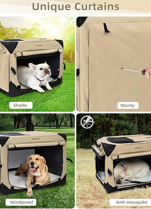 Pettycare 42 Inch Collapsible Dog Crate with Curtains Travel Dog Crate for Airflow and Calm Soft Pet Kennel with Portable Bag and More Chew Proof Mesh Indoor & Outdoor Beige 4 Door Curtains
