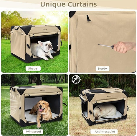 Pettycare 42 Inch Collapsible Dog Crate with Curtains Travel Dog Crate for Airflow and Calm Soft Pet Kennel with Portable Bag and More Chew Proof Mesh Indoor & Outdoor Beige 4 Door Curtains