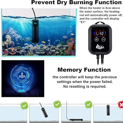 AQQA Submersible Aquarium Heater,100W/200W/300W/500W/800W/1000W/1200W Fish Tank Heater,External Temperature Controller LED Temperature Display,Suitable for Saltwater and Freshwater(800W)