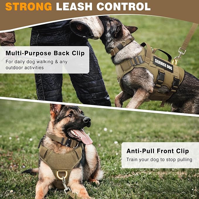WINSEE Tactical Dog Harness with Dog Leash, Dog Collar, Service Working MOLLE Vest with 10 Pet Patches for Large Dog, No Pull Military Harness and Backpack with Airtag Holdler