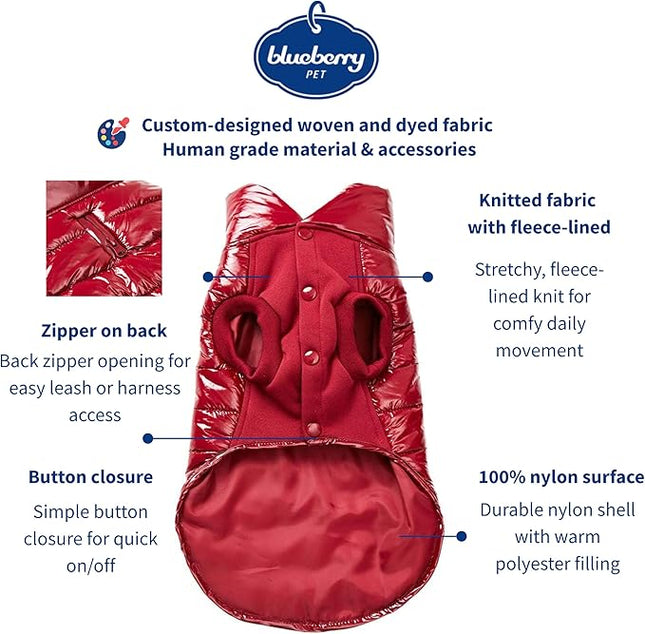 Blueberry Pet Cozy & Comfy Windproof Lightweight Quilted Fall Winter Glossy Dog Puffer Jacket in Deep Rouge, Back Length 24", Size 22, Warm Coat for Large Dogs