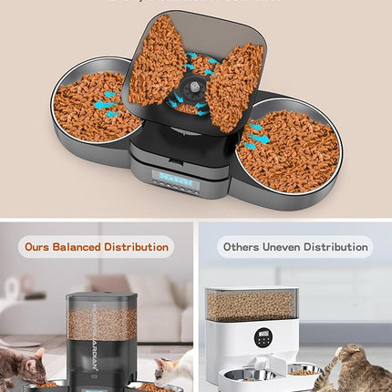 HoneyGuaridan 3.5L Automatic Cat Feeder for Two Cats, Food Dispenser with Stainless Steel Bowl,Timed Cat Feeder Programmable 1-6 Meals Control, Dual Power Supply,10s Meal Call Black