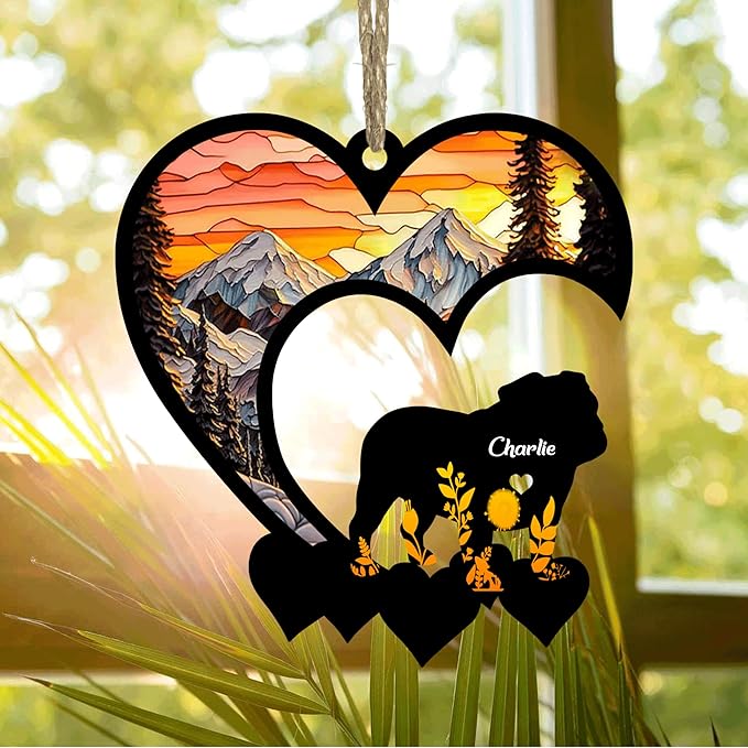 LOVELYPOD Bulldog Pet Memorial Suncatcher Ornament, Personalized Memorial with Name, Dog Loss Sympathy Gift, Fiber Wood, Acrylic Plexiglass