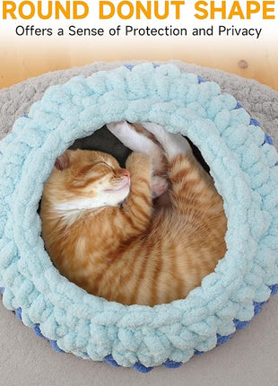 Ombre Gradient Round Cat Bed for Indoor Cats, Chunky Knit Washable & Plush Pet Bed, Cozy Nest with Non-Slip Bottom for Small Medium Cats