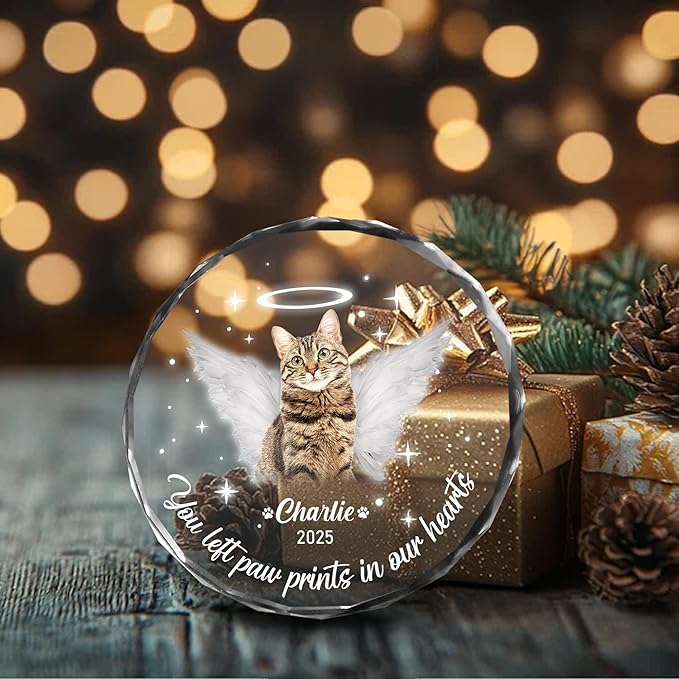 Personalized Cat Memorial Ornament, Pet Loss, Angel Keepsake for Cat Lovers, Custom Photo Glass Ornament – You Left Paw Prints in Our Hearts