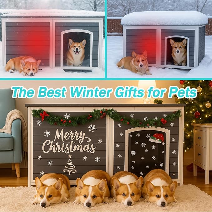 Geguri All-Weather Dog House for Medium to Large Dogs | Weatherproof Asphalt Roof, Chew-Proof Frame, Elevated Base, Extra Large (Grey, 59.1" L × 34.3" W × 34.6" H)