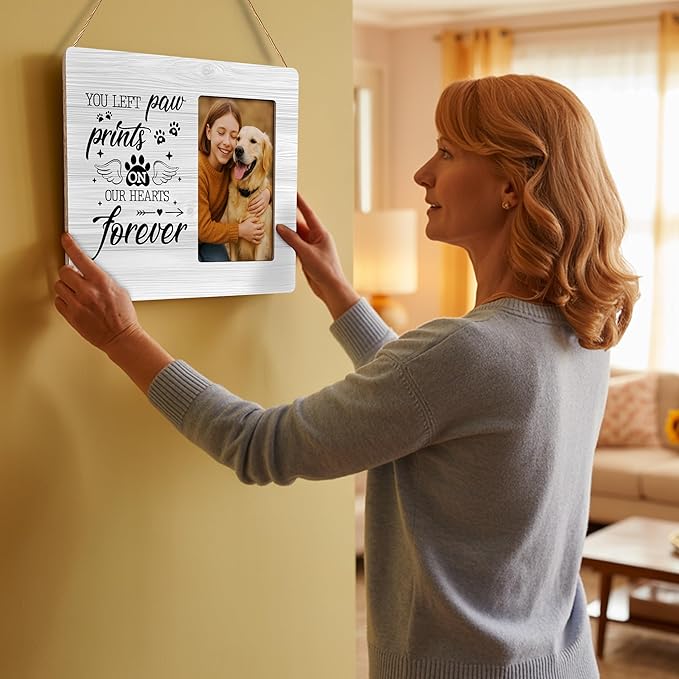 Dog Memorial Gifts for Loss of Dog Frame, Pet Loss Sympathy Gift Picture Frame, You Left Paw Prints on Our Hearts Frames Fits 4x6 Photo