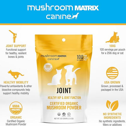 Om Mushroom Matrix Pet - Canine | Joint & Hip Function | USA Grown Human-Grade Organic Mushroom Powder Pet Supplement | Promotes Resilient Bones & Joints for Dogs & Cats | 100 Grams, 3.5 oz