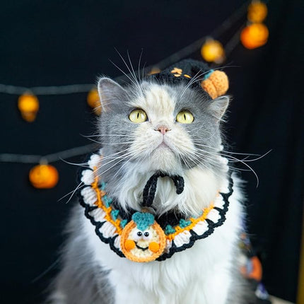 Halloween Dog Costume – Handmade Black Witch Hat & Cute Pumpkin Bandana, Adjustable Cat Outfit for Cats & Small Dogs, Lightweight & Breathable, Festive Pet Accessories