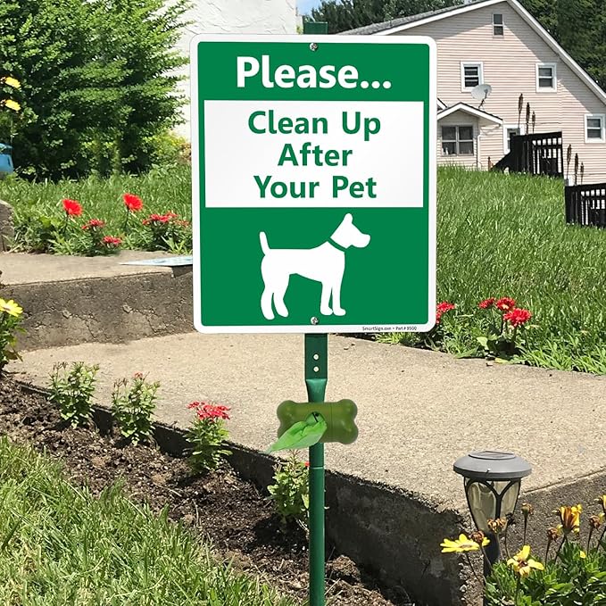 SmartSign Please Clean Up After Your Pet Yard Sign & Clip-On Plastic Dispenser Combo/Kit, 10"x12" Aluminum Sign with 3ft Steel Stake, Compact Dispenser Preloaded with a 15 Dog Poop Bags Roll