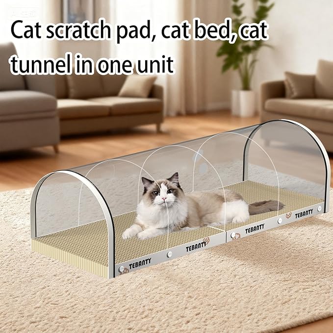 3 Function in 1 Cardboard Cat Scratcher Board, 31.5 in Cat Scratcher House, Cat Scratchers for Indoor Cats, Arched Cats Scratch Pad As Cat Bed, Cat Tunnel for Sleep, Grind Claws (White)
