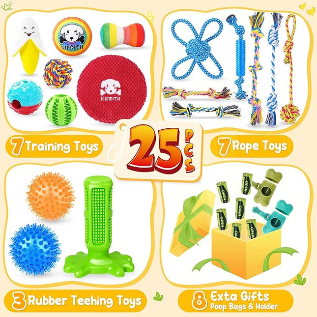 KIPRITII 25 Pack Dog Toys Set – Ideal for Teething, Entertainment & Interactive Play, Includes Puppy Toys, Rope Toys, Treat Balls and Squeaky Dog Toys