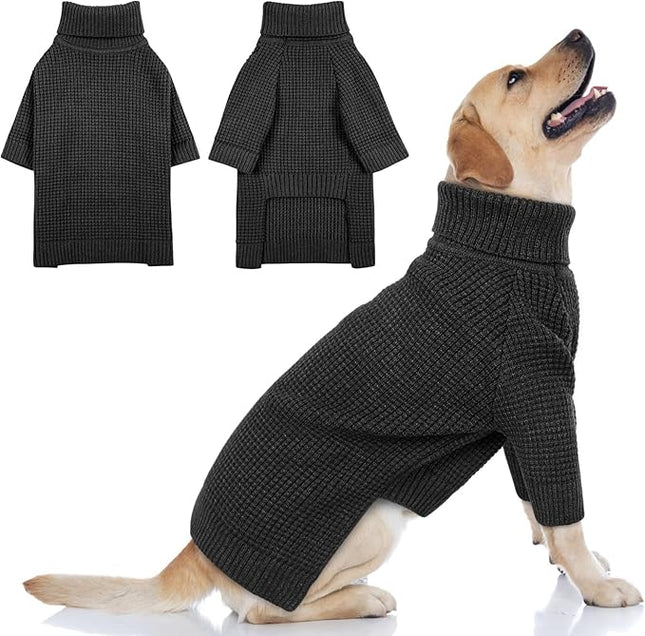 Queenmore Turtleneck Long Sleeve Knitted Sweater with Check Pattern, Warm Dog & Cat Sweater for Small to XXL, Charcoal Gray