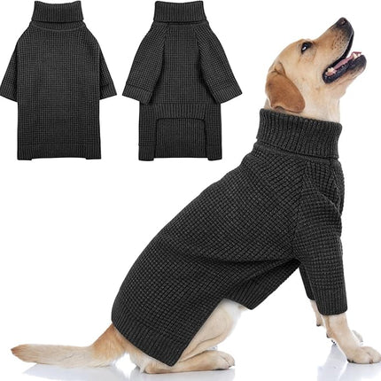 Queenmore Dog Turtleneck Long Sleeve Knitted Pet Sweater with Check Pattern - Fall Winter Warm Dog & Cat Sweater, Charcoal Gray XL