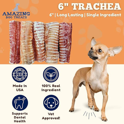 Amazing Dog Treats - 6 Inch Beef Trachea Dog Chews (50 pcs) - Trachea Dog Treats - NO Hide - Digestible and Safe Chews for Dogs - Glucosamine and Chondroitin for Joint Health for Dogs